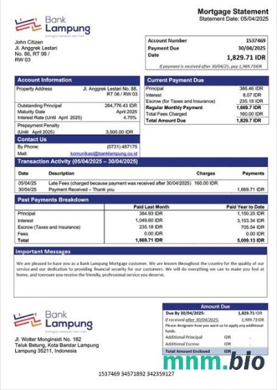 Indonezja Bank Lampung wyciąg z kredytu hipotecznego szablon Word i PDF